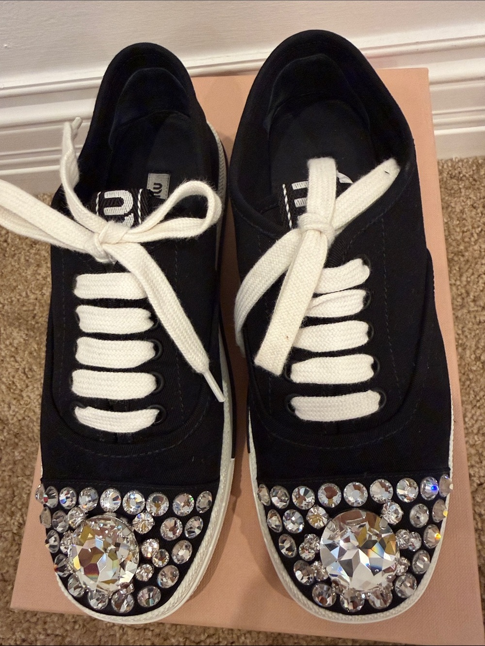 Miu Miu Black Crystal Embellished Sneakers – Size 37